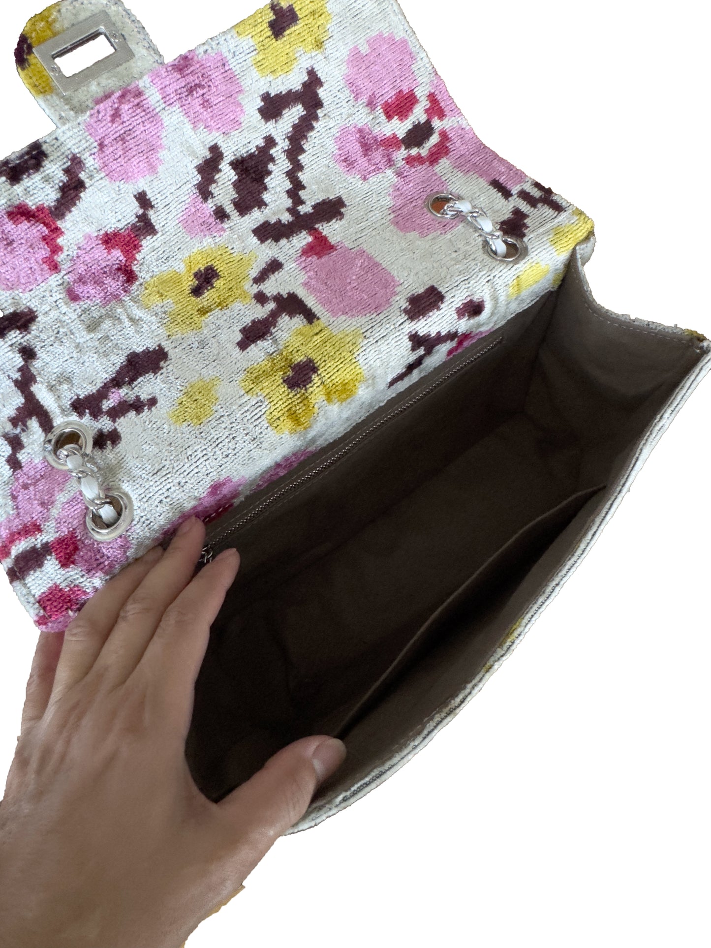 Silk velvet ikat jumbo floral patern coco bag with shoulder chain