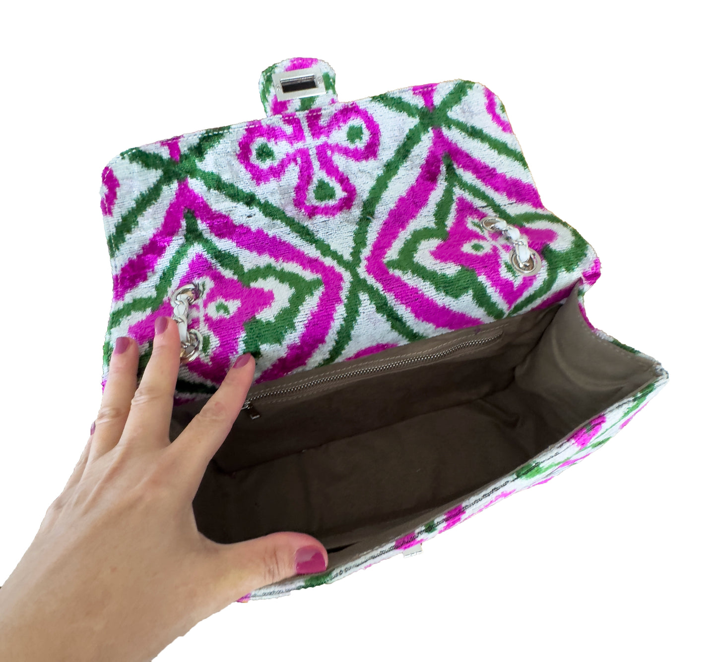 Silk Velvet Ikat Jumbo Coco Bag Pink Green - MIASETA Silk Velvet Ikat Jumbo Coco Bag Pink Green