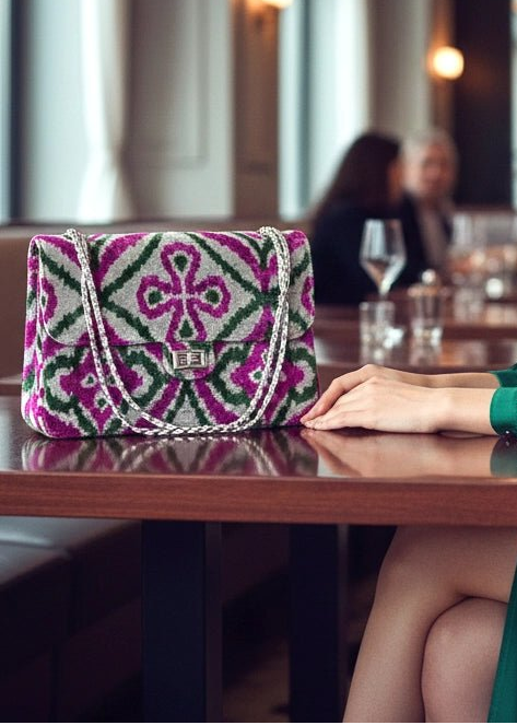 Silk Velvet Ikat Jumbo Coco Bag Pink Green - MIASETA Silk Velvet Ikat Jumbo Coco Bag Pink Green