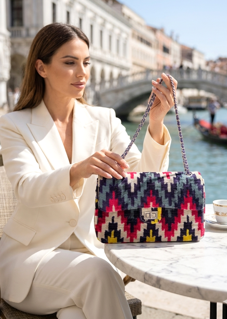 Multicolor ikat velvet coco shoulder bag detail
