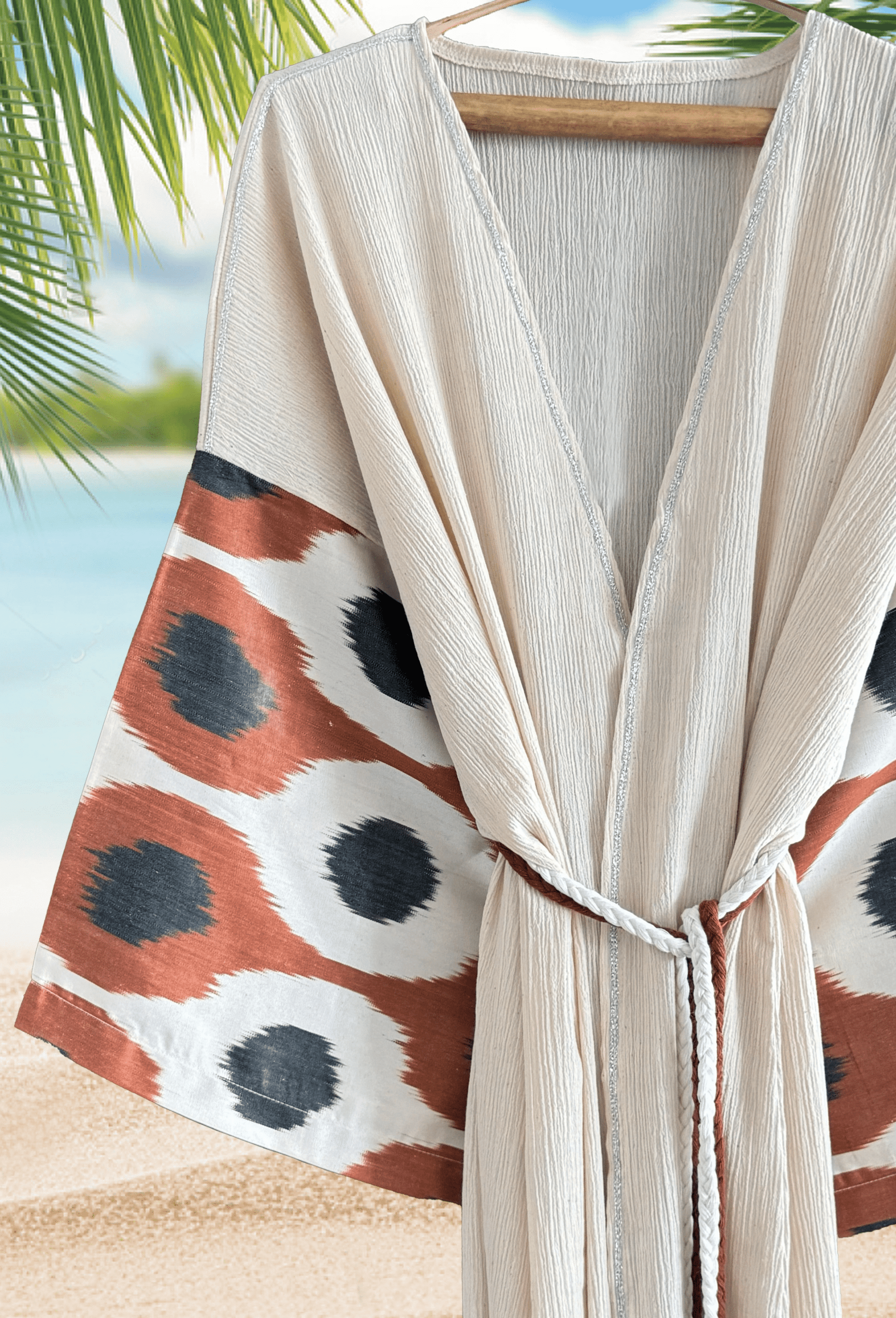 Ecru muslin kimono robe with copper and grey silk ikat sleeves