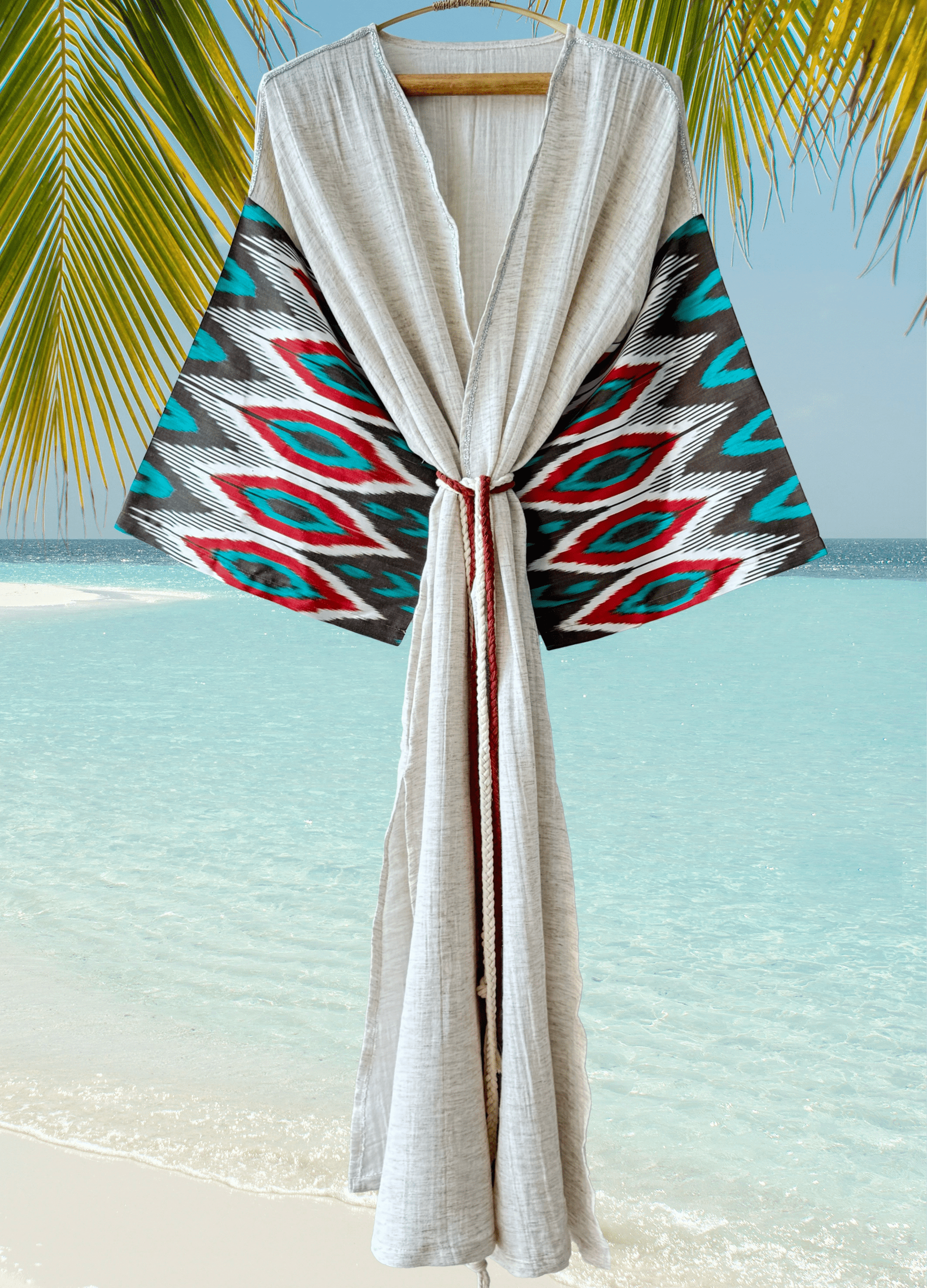 Silk ikat muslin robe ecru orange brown