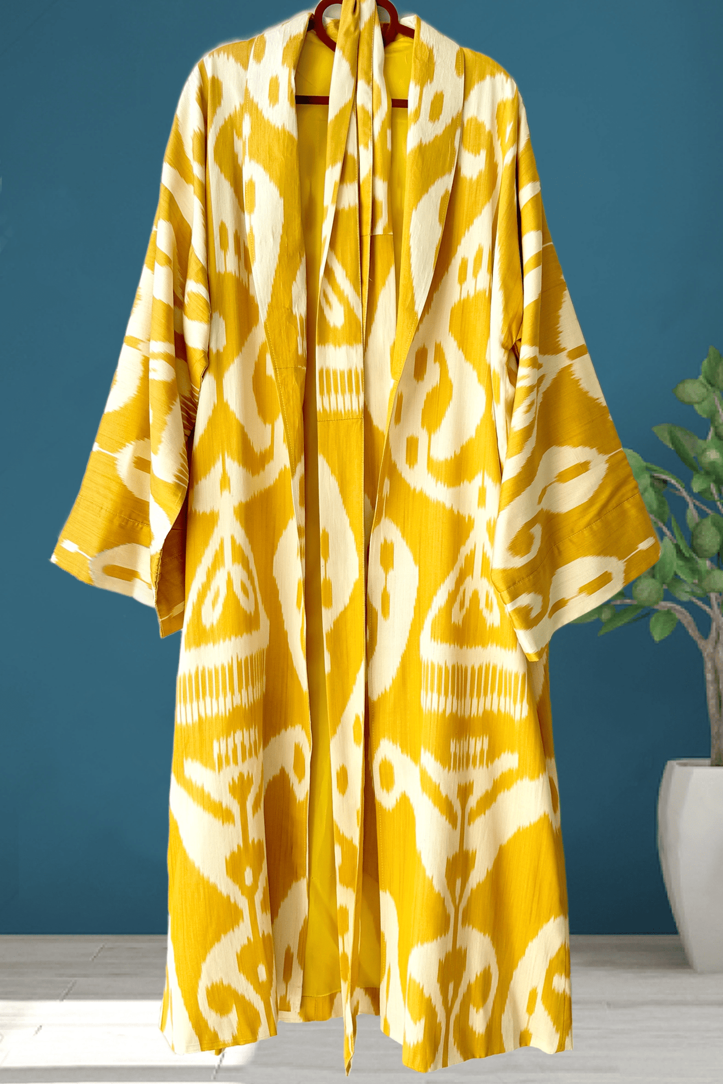 Handwoven silk ikat yellow caftan with lined