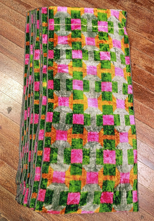 Silk Velvet Ikat Fabric Green and Pink