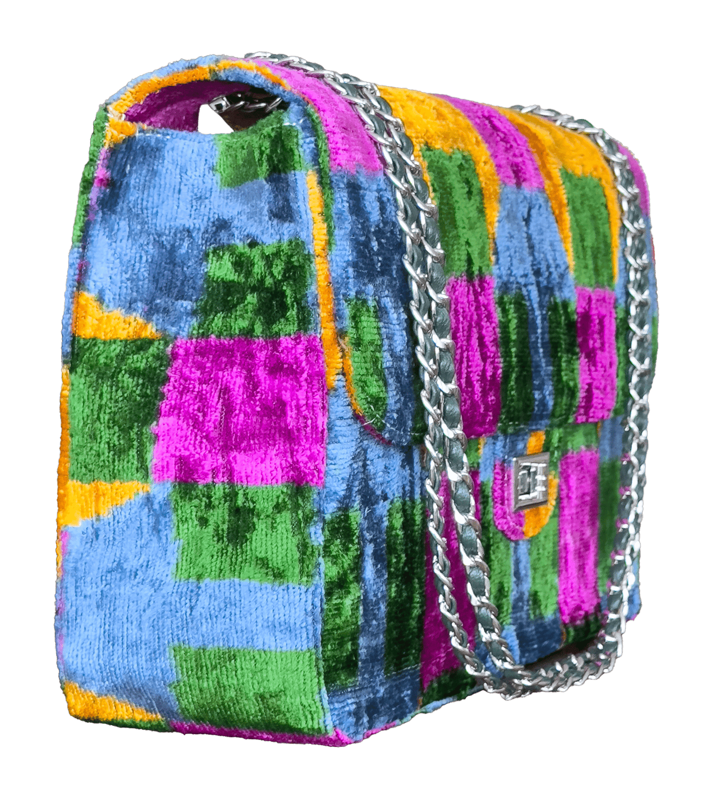 Silk velvet ikat jumbo Multicolored checkered handbag with a silver chain on a white background