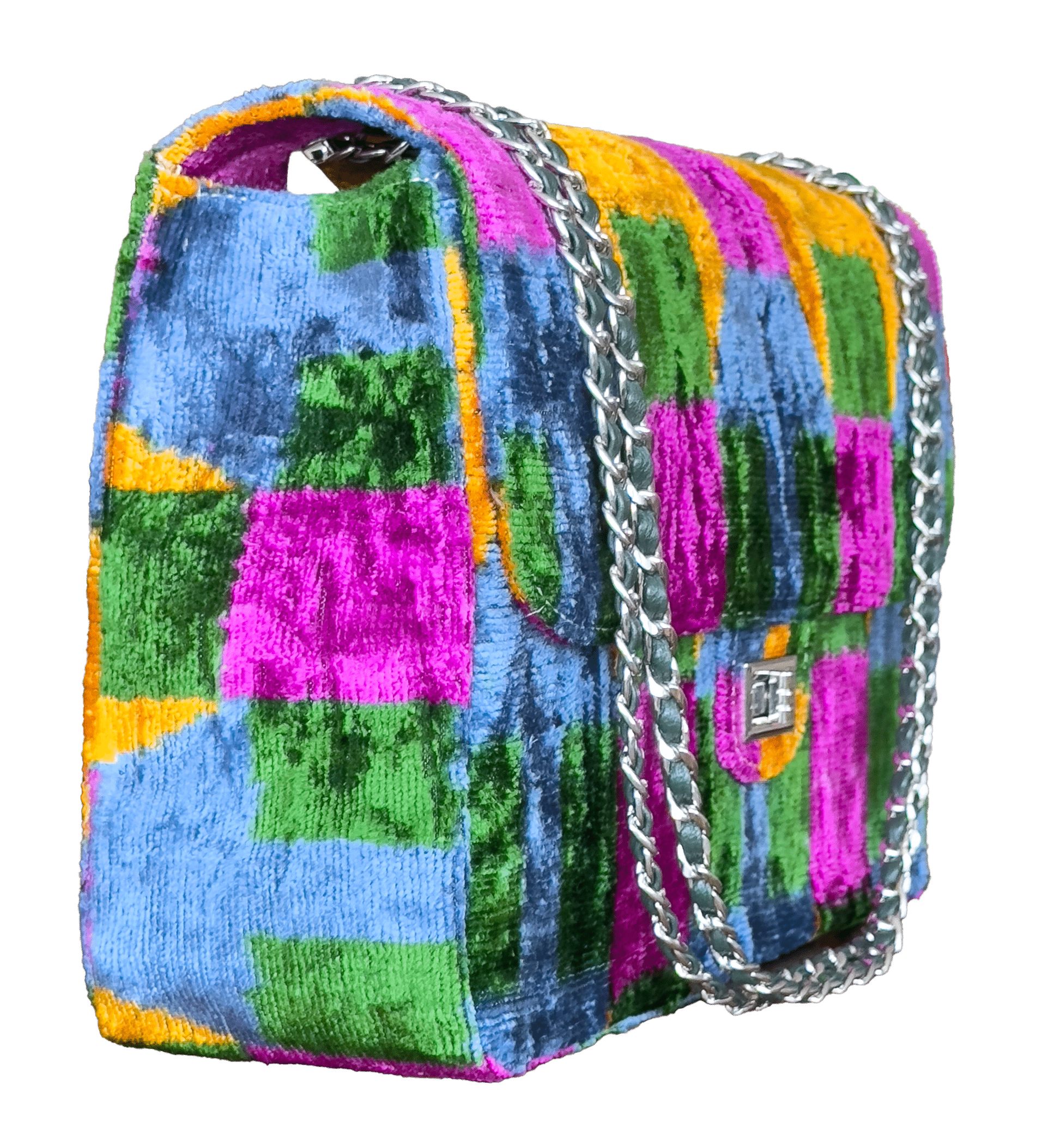 Silk velvet ikat jumbo Multicolored checkered handbag with a silver chain on a white background