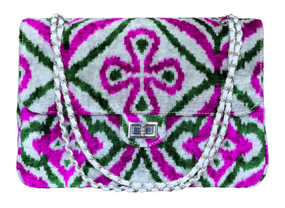 Silk Velvet Ikat Jumbo Coco Bag Pink Green - MIASETA Silk Velvet Ikat Jumbo Coco Bag Pink Green