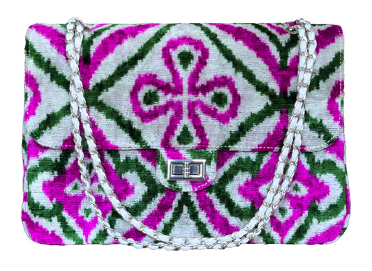 Silk Velvet Ikat Jumbo Coco Bag Pink Green - MIASETA Silk Velvet Ikat Jumbo Coco Bag Pink Green