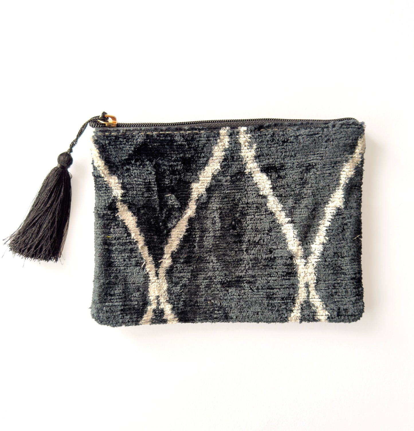 Silk velvet ikat black cream pouch