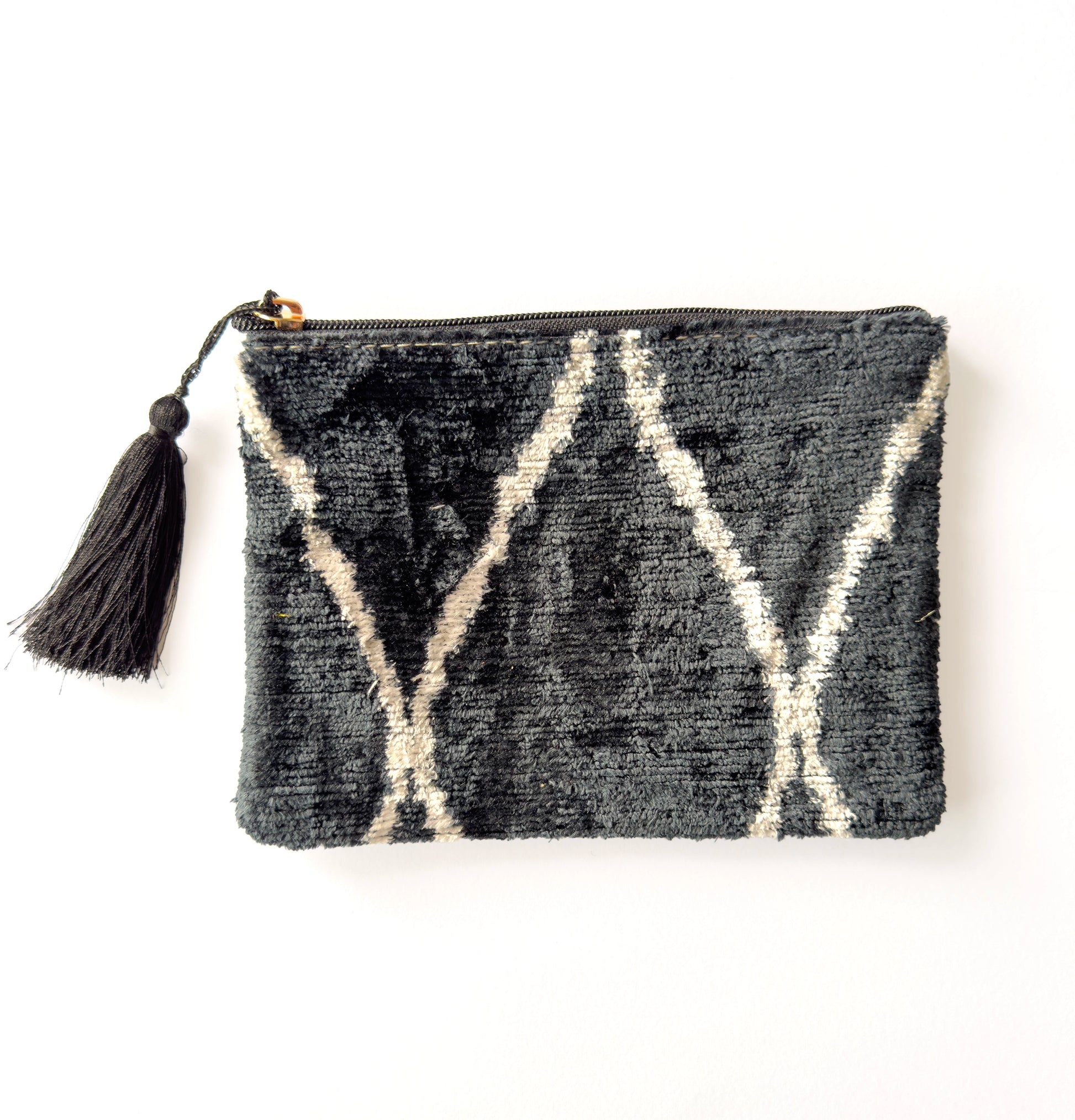 Silk velvet ikat black cream pouch