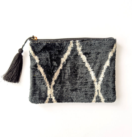 Silk velvet ikat black cream pouch