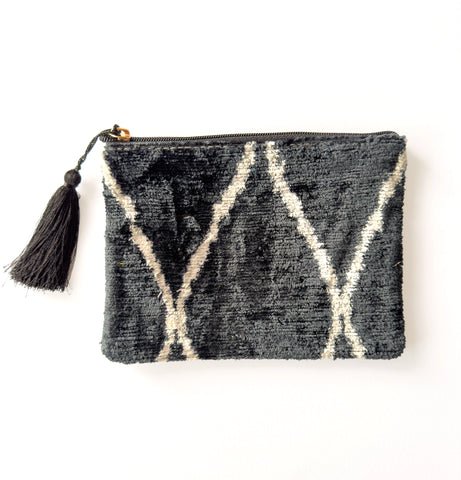 Silk velvet ikat black cream pouch
