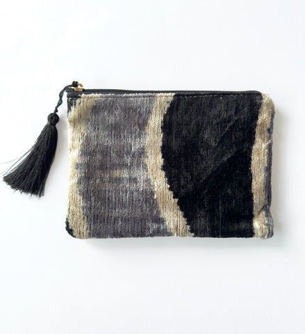 Silk velvet ikat pouch black grey stripe