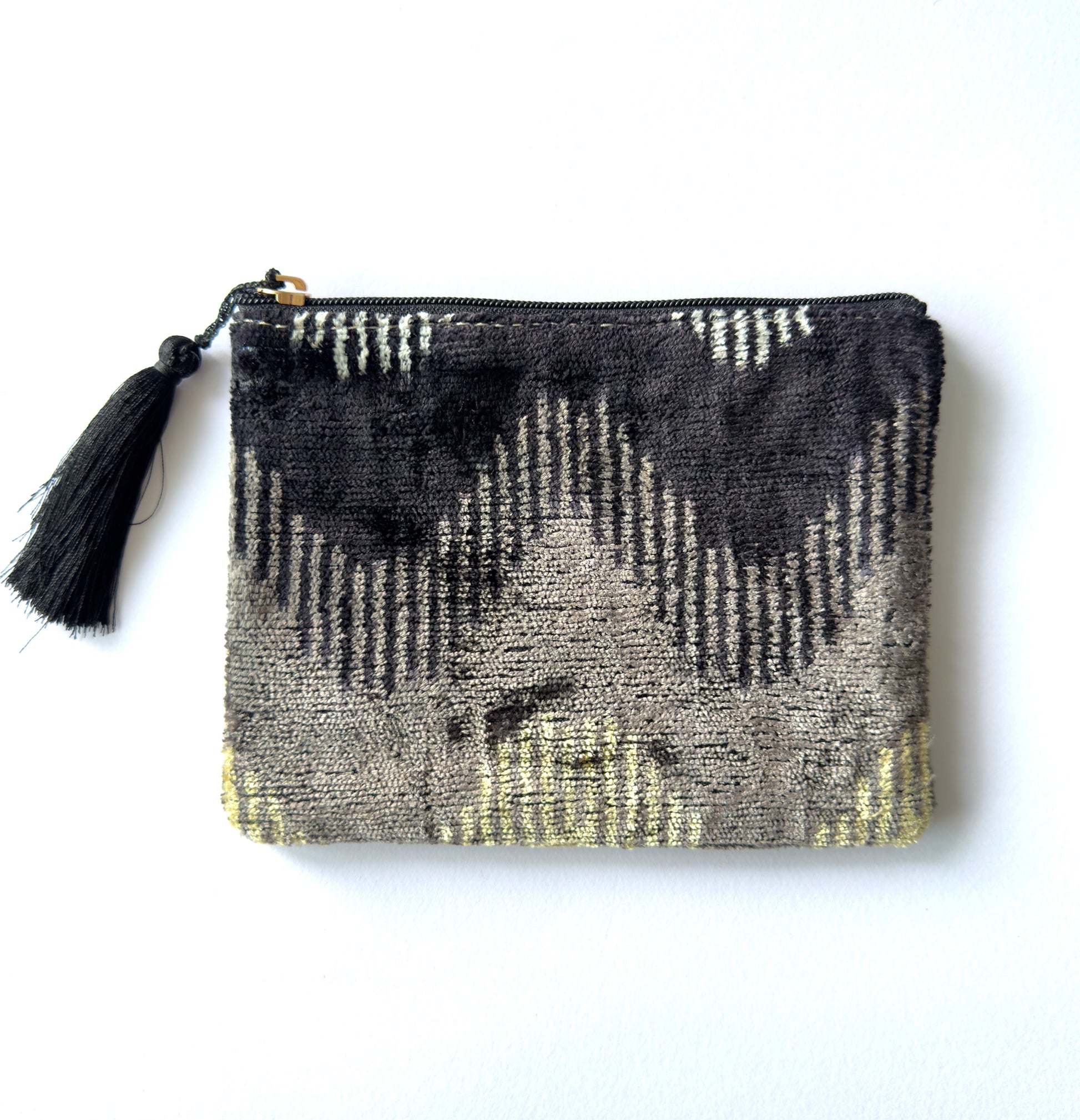 Luxury Handmade Ikat Silk Velvet Pouch Black Grey Zigzag