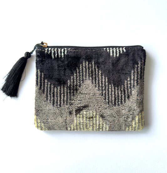 Luxury Handmade Ikat Silk Velvet Pouch Black Grey Zigzag