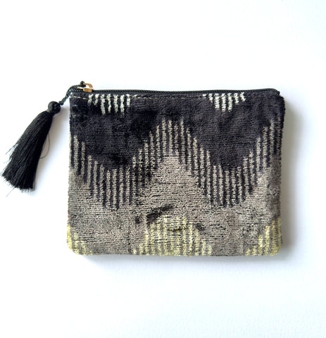 Luxury Handmade Ikat Silk Velvet Pouch Black Grey Zigzag