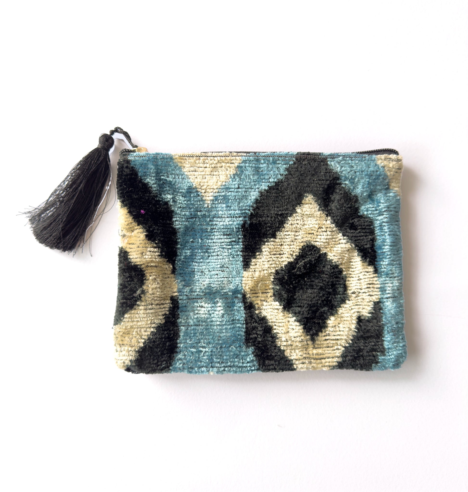 Ikat Silk Velvet Pouch, Velvet Clutch, Ikat Zipper Bag, Silk Pouch