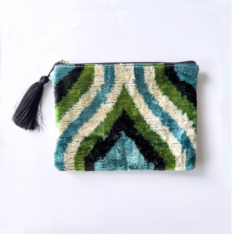 Ikat Silk Velvet Pouch, Velvet Clutch, Ikat Zipper Bag, Silk Pouch