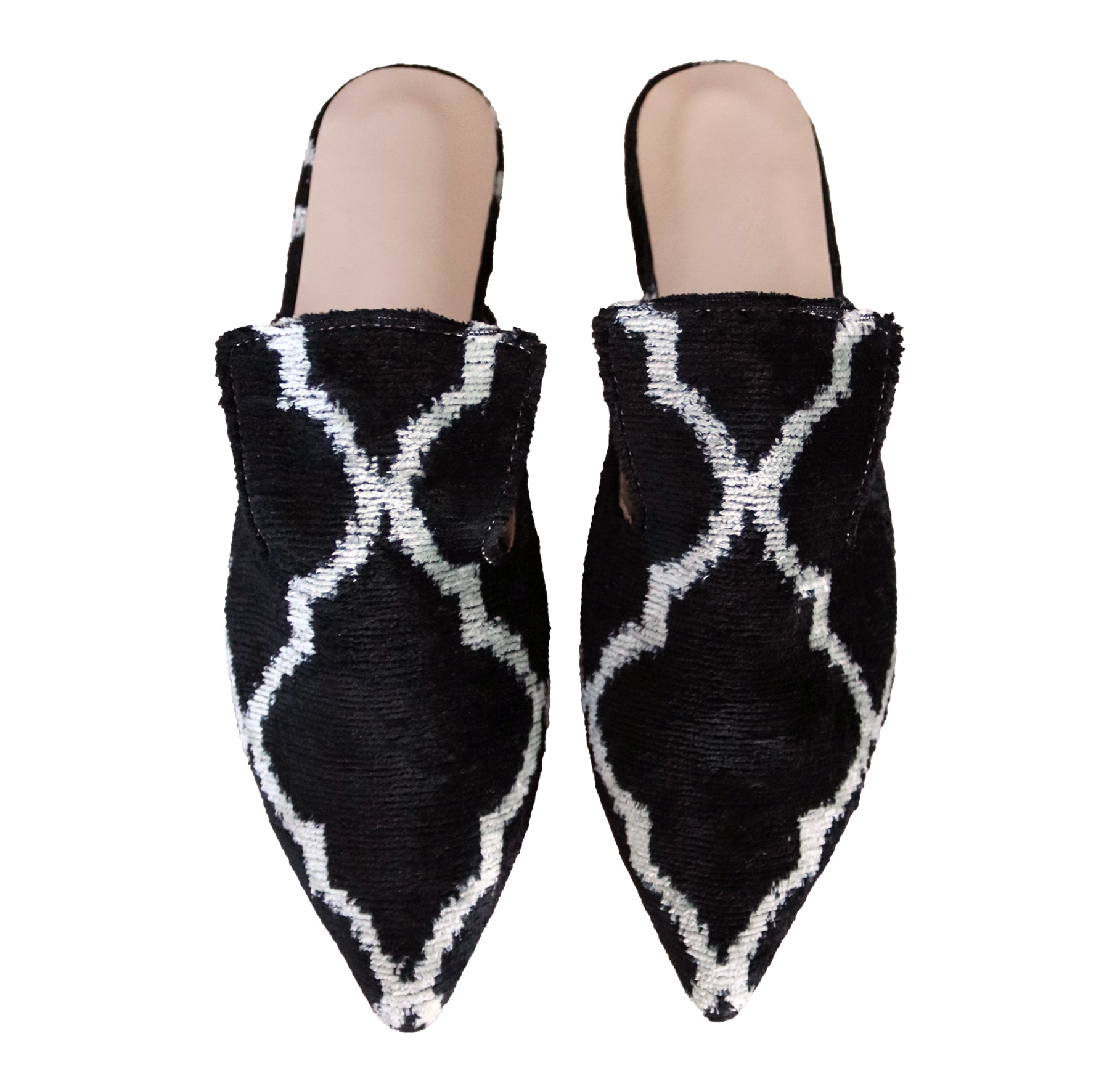 Silk velvet ikat handmade sharp pointed toes black slippers