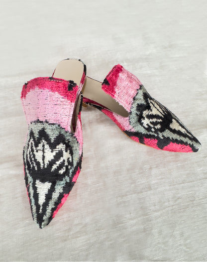 Silk velvet ikat handmade sharp pointed toes slippers