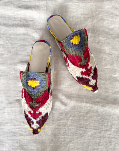 Silk Velvet Ikat Slippers Red Yellow