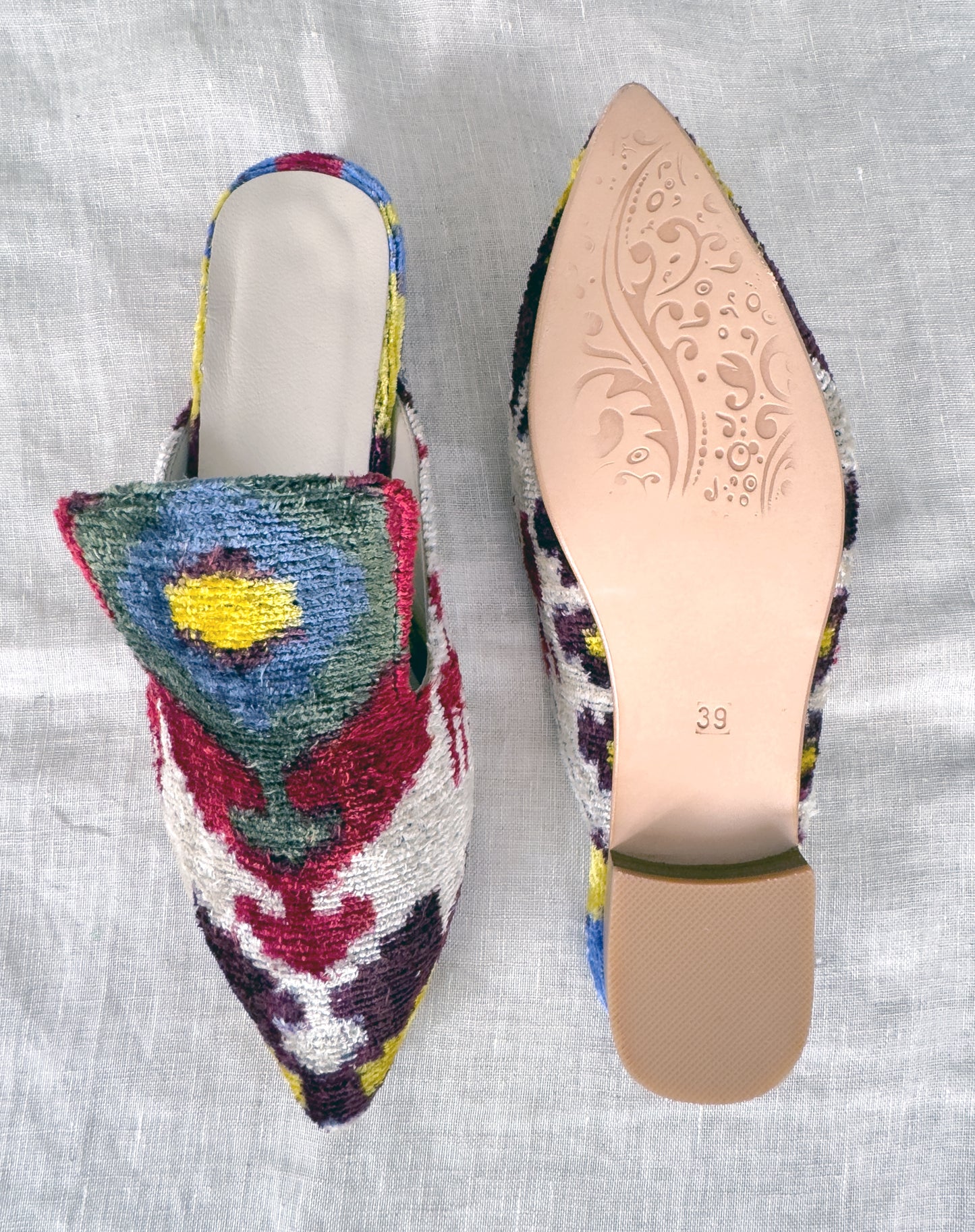 Silk Velvet Ikat Slippers Red Yellow