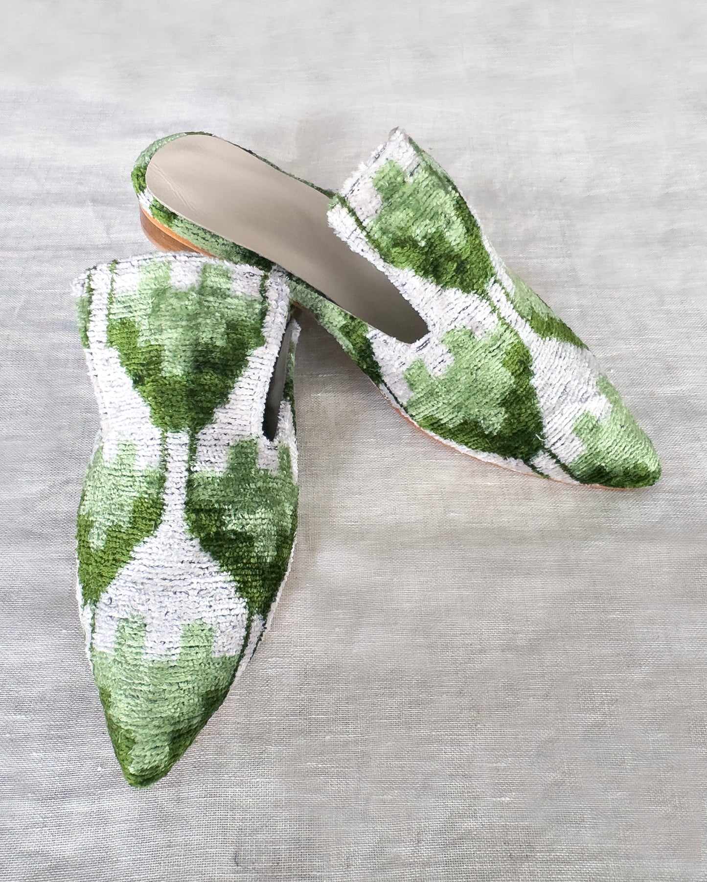 Silk Velvet Ikat Light Green Slippers | Handmade & Comfortable