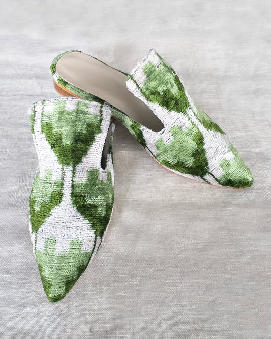 Silk Velvet Ikat Light Green Slippers | Handmade & Comfortable