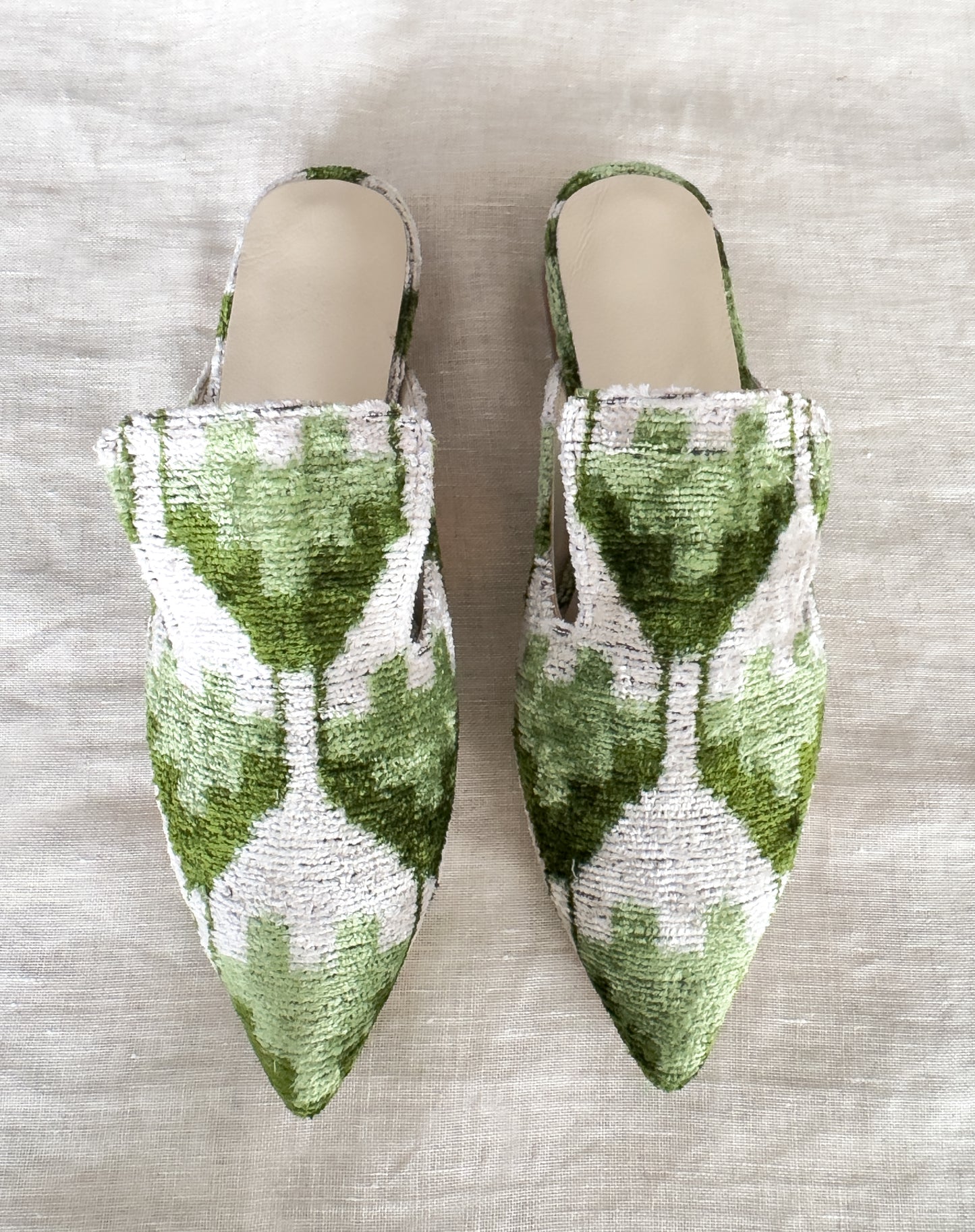 Silk Velvet Ikat Light Green Slippers | Handmade & Comfortable