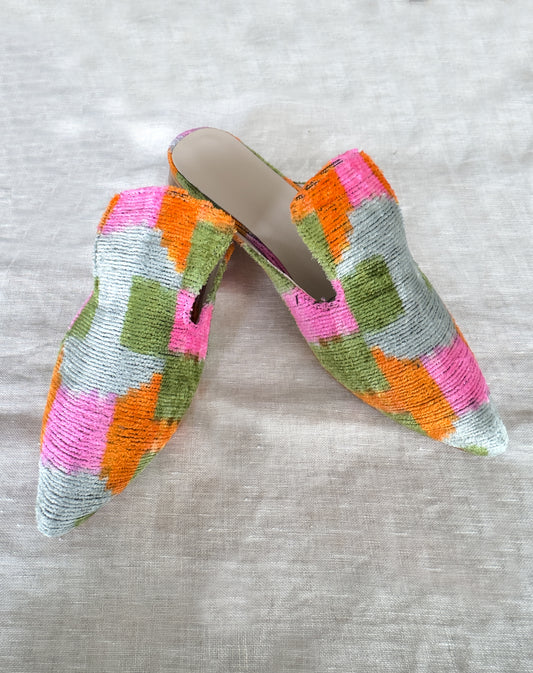 Silk Velvet Ikat Patchwork Slippers – Pink, Orange & Sage