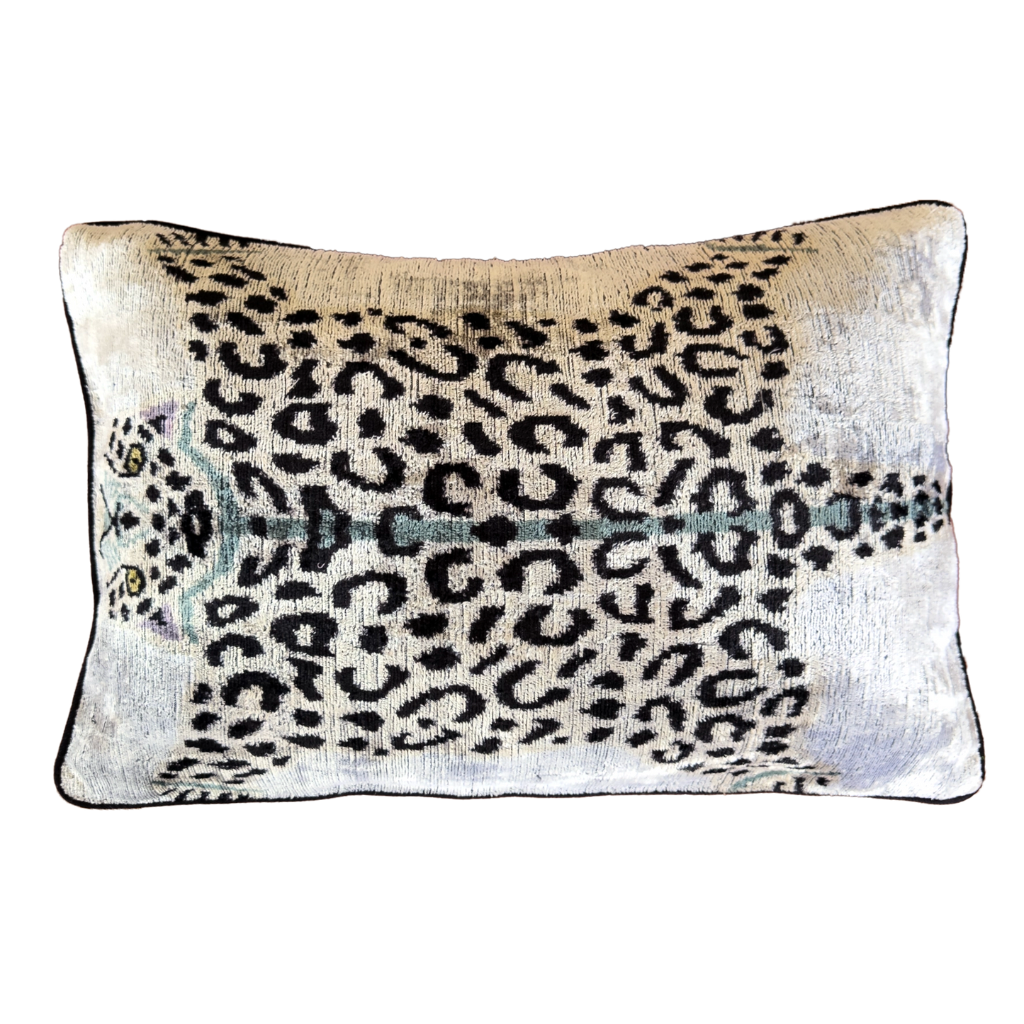 Handmade Royal Snow Leopard silk velvet ikat cushion cover featuring black rosette spots with turquoise, purple and golden accents on an ivory background, 40×60 cm.