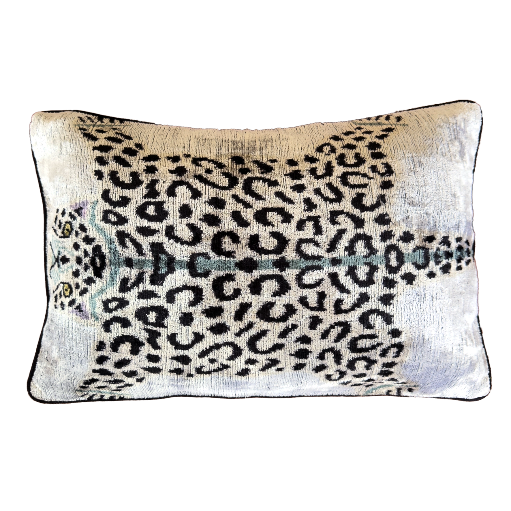 Handmade Royal Snow Leopard silk velvet ikat cushion cover featuring black rosette spots with turquoise, purple and golden accents on an ivory background, 40×60 cm.