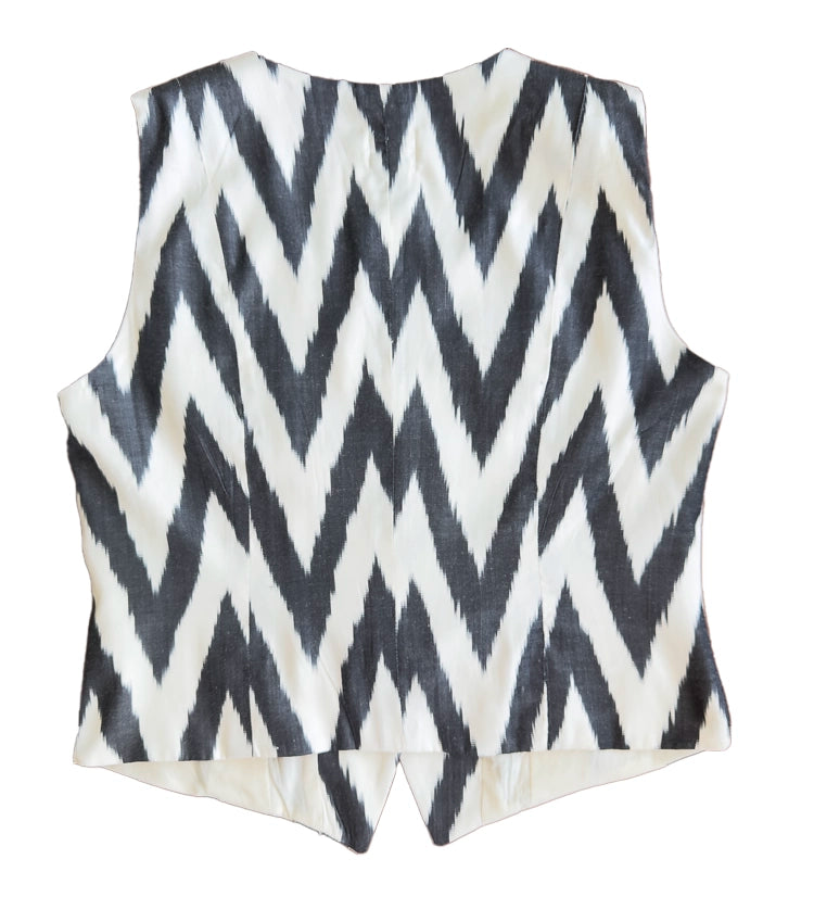 Silk ikat Vest with a black and white zigzag pattern on a white background