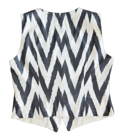 Silk ikat Vest with a black and white zigzag pattern on a white background