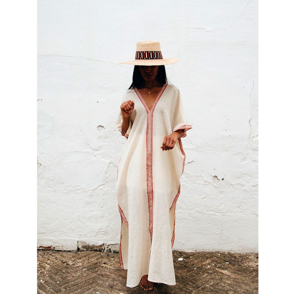 Handwoven Caftan Dress Three Burgundy Stripes
