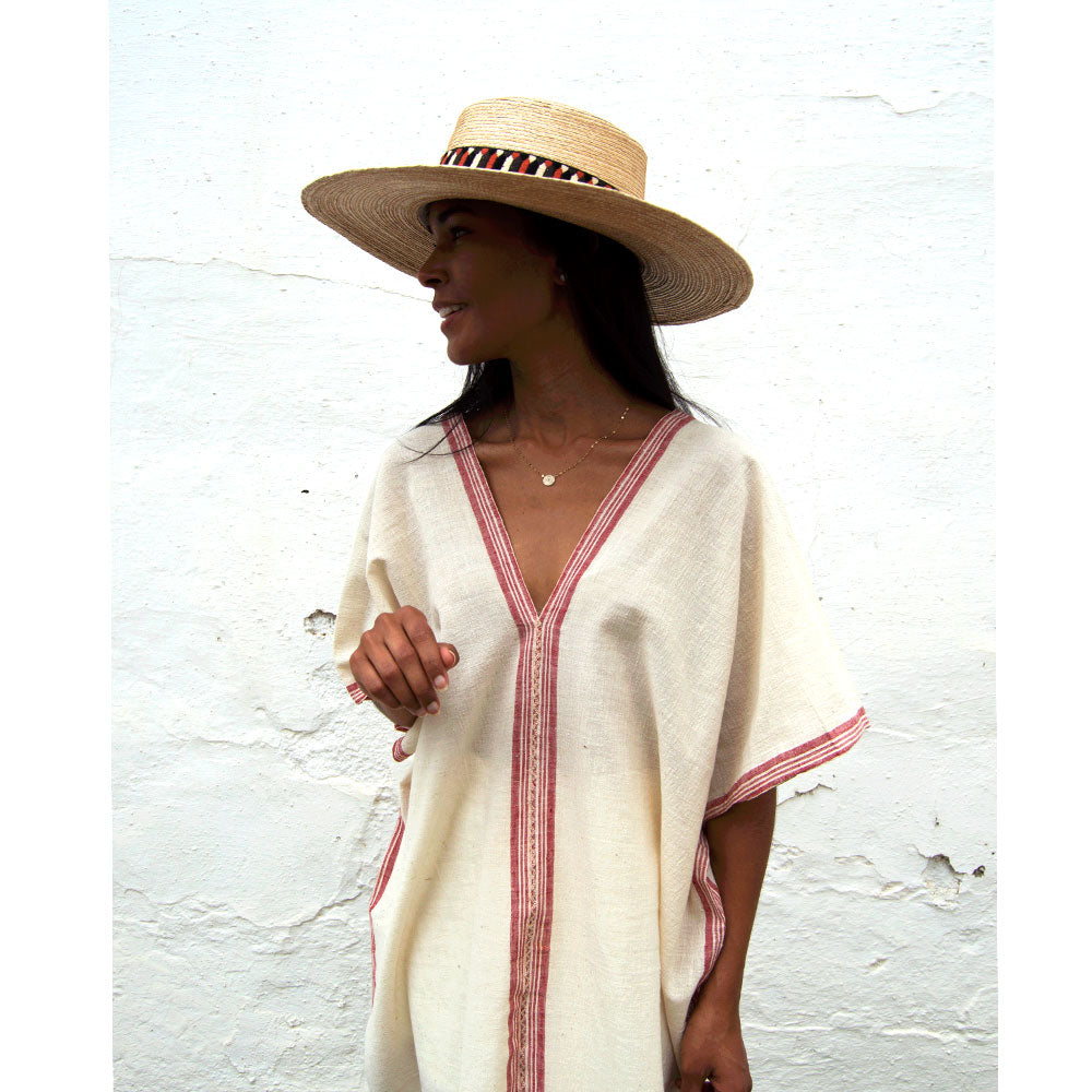 Handwoven Caftan Dress Three Burgundy Stripes
