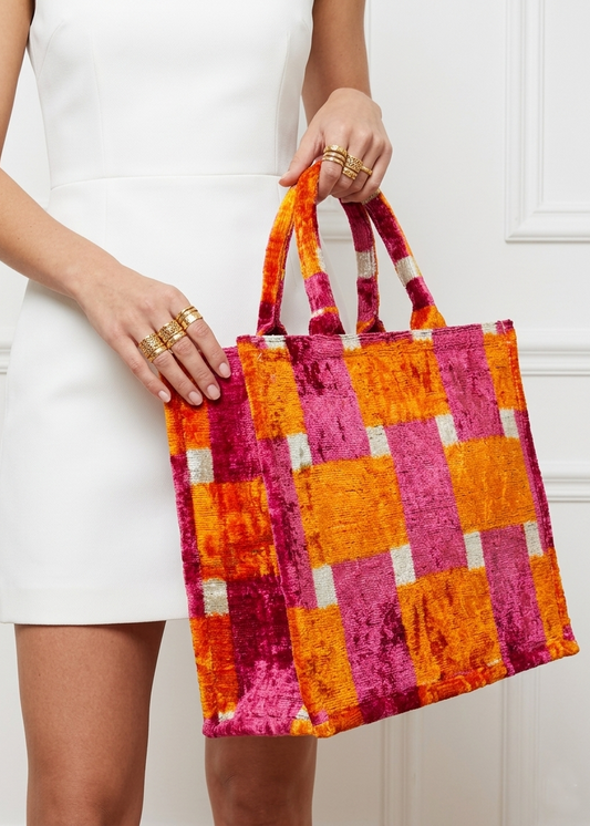 Vibrant Pink and Orange Ikat Velvet Large Tote Bag