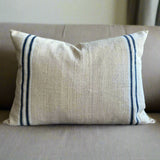 Vintage handmade linen pillow with navy stripes, perfect for farmhouse, rustic, and boho decor.