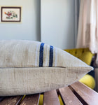 Vintage Handmade Linen Throw Pillow with Navy Stripes – Farmhouse & Rustic Decor 40x60cm