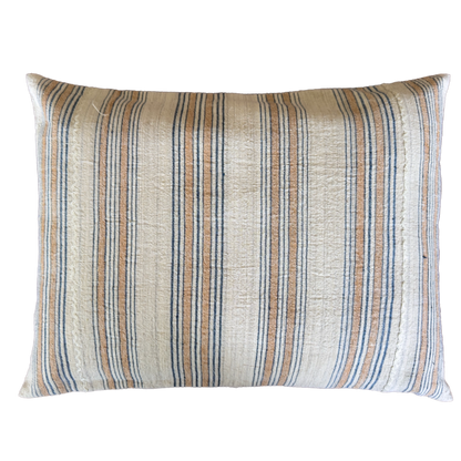 Antique Handwoven Linen Pillow Cover with Blue and Beige Heritage Stripes