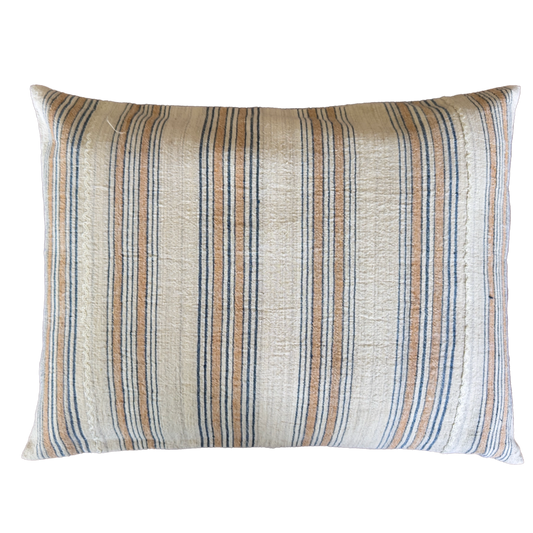 Antique Handwoven Linen Pillow Cover with Blue and Beige Heritage Stripes