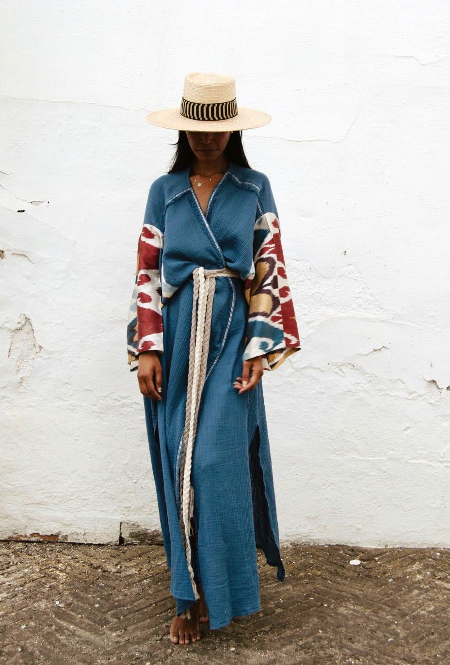 Luxury Silk Ikat Muslin Robe Indigo