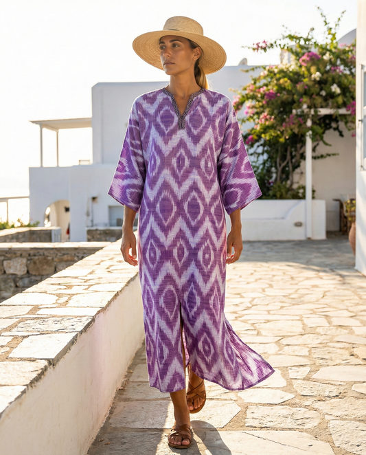 Woman wearing a lilac patterned dress and straw hat in a sunlit outdoor setting.