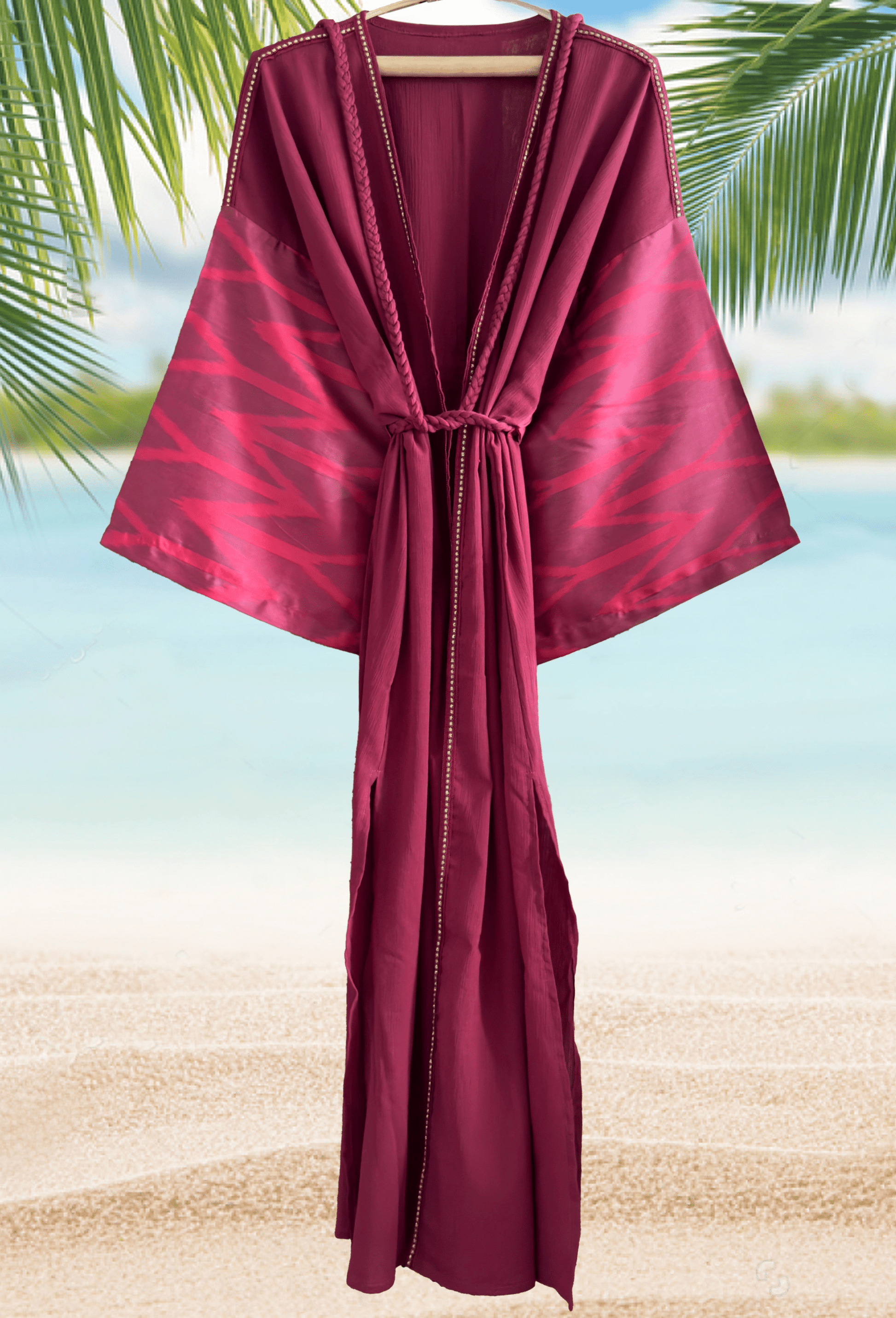Luxury beach cover-up in deep bordeaux color with handwoven details