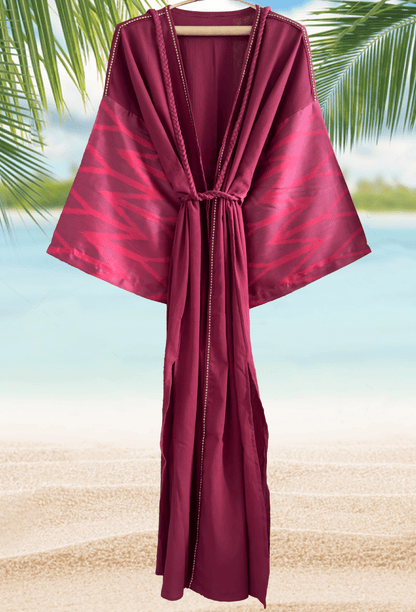 Luxury beach cover-up in deep bordeaux color with handwoven details