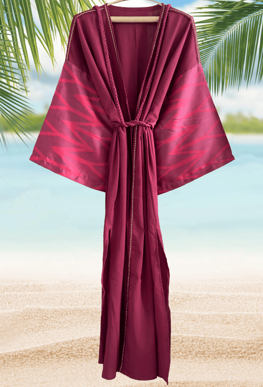 Luxury beach cover-up in deep bordeaux color with handwoven details