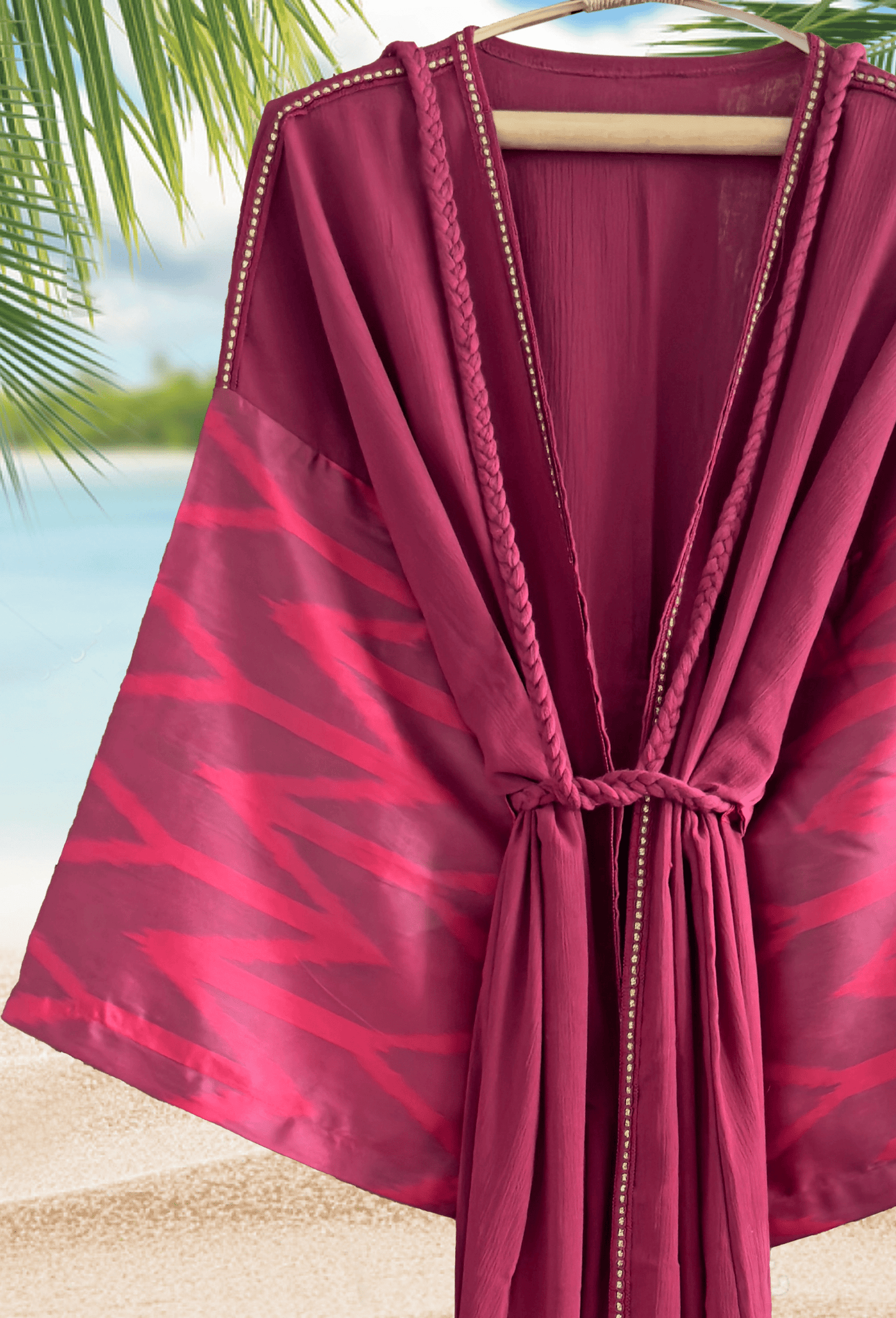 Burgundy muslin kimono robe with tonal wine red silk ikat sleeves