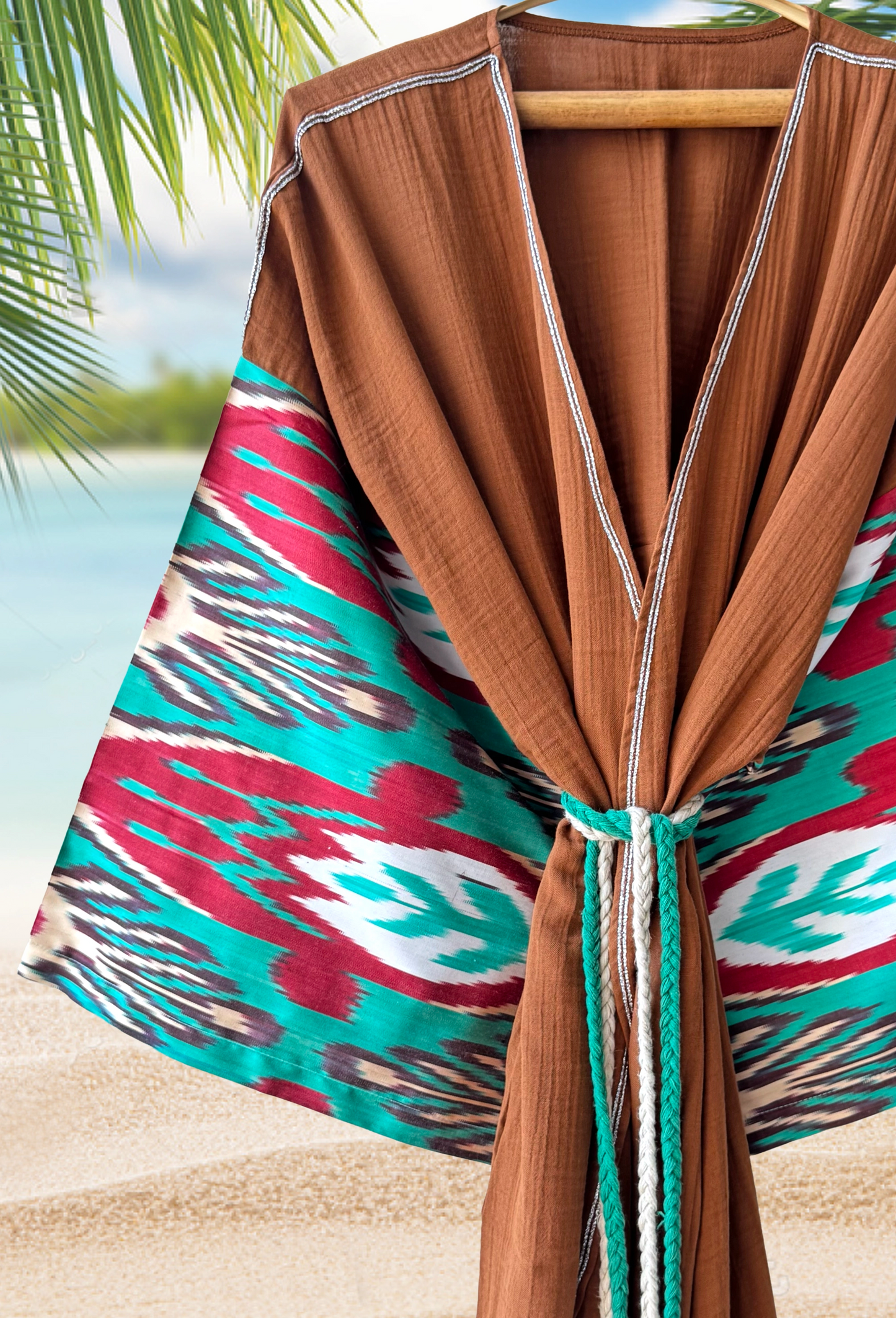 Handwoven artisan silk ikat and muslin cotton dressing gown in chocolate