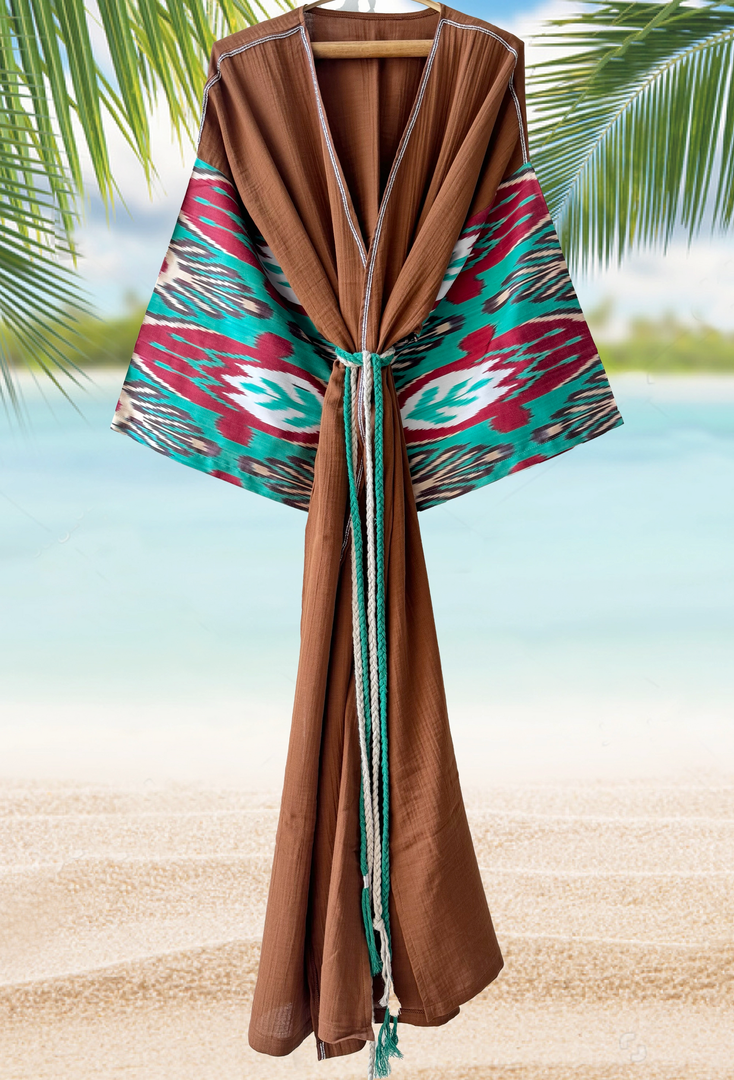 Chocolate brown muslin kimono robe with turquoise and red silk ikat sleeves
