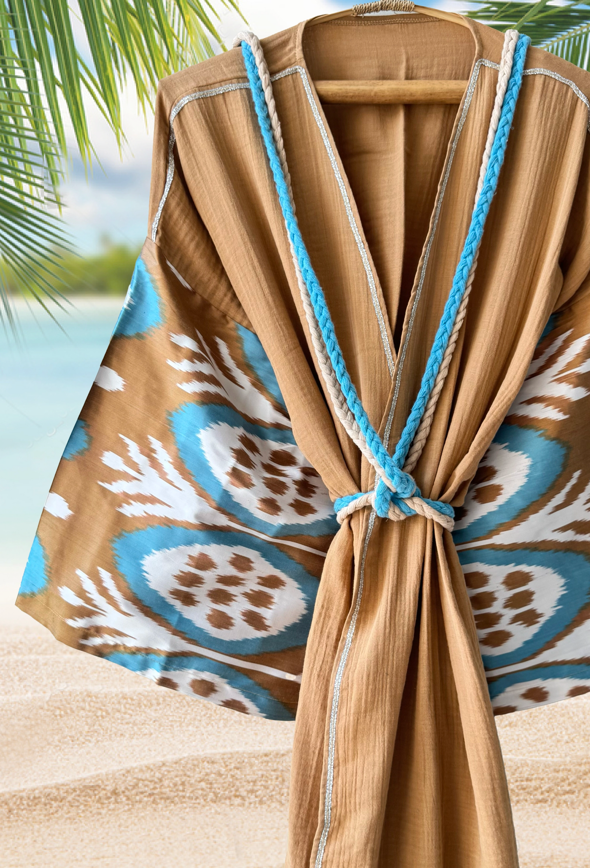 Handwoven artisan silk ikat and muslin cotton dressing gown in golden sand